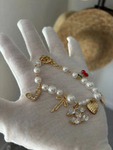 NWT Gold-Tone & Faux Pearl Charm Bracelet with Crystal CC & Cherries 🍒💎