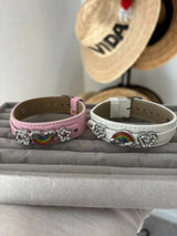 NWT Set of 2 Fun Pink & White Rainbow Rhinestone Leather Bracelets 🌈✨