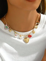 Gold Charm Necklace Heart Locket Rainbow Butterfly Lips Horse Layered Choker