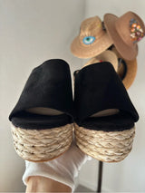 Black Espadrille Platform Slide Sandals Wedge Raffia Women’s US 8 EU 38
