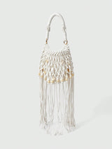 🐚🤍 Fairycore Woven Tote Bag – Striped Beige Shell Decor Mini Top Handle Bag