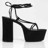 🖤👠 Y2K Black Strappy Platform Heels Lace Up Sandals US 8 EU39