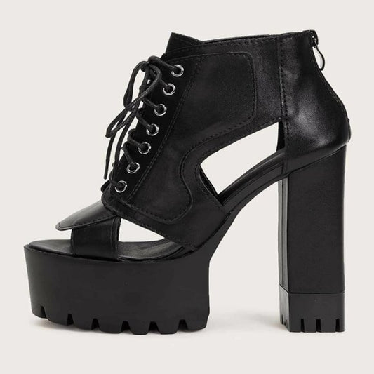 🖤👢 Lace-Up Front Open Toe Chunky Ankle Boots US 8 EU 39