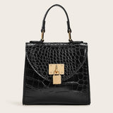 Black Croc Mini Satchel 🖤 Chain & Top Handle Bag ✨ Metal Lock Chic