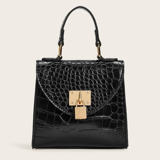 Black Croc Mini Satchel 🖤 Chain & Top Handle Bag ✨ Metal Lock Chic