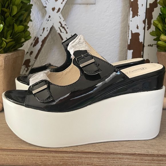 🖤 Beauty Girls Black White Platform Wedge Sandals Sz 7.5/38