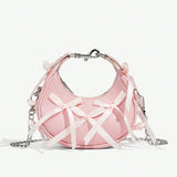 Pink Bowknot Top Handle Crossbody Bag – Lace-Up Ballet Style Y2K Retro Teen
