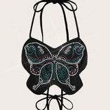 Black Rhinestone Butterfly Halter Top 🦋✨ Backless Party Crop