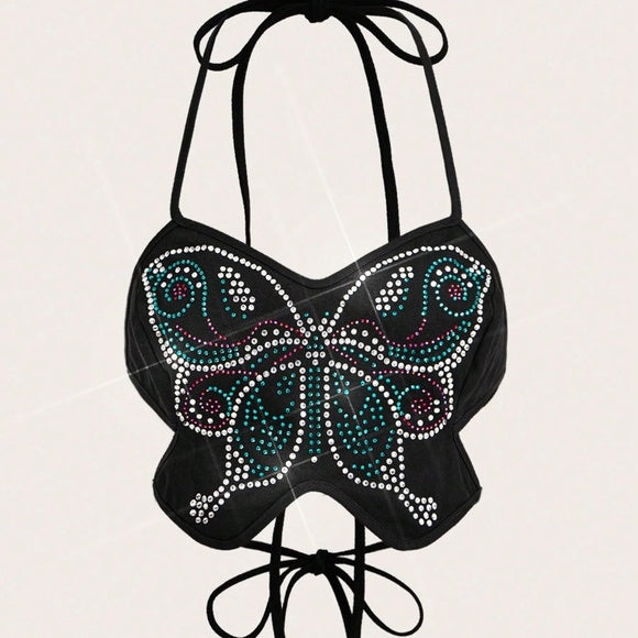 Black Rhinestone Butterfly Halter Top 🦋✨ Backless Party Crop