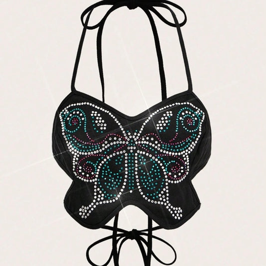 Black Rhinestone Butterfly Halter Top 🦋✨ Backless Party Crop