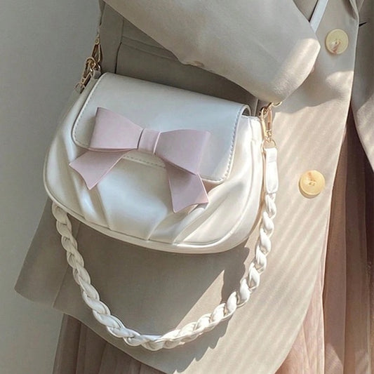 White Bow Saddle Bag 🤍🎀 Ruched Mini Chain Purse Cute Chic ✨