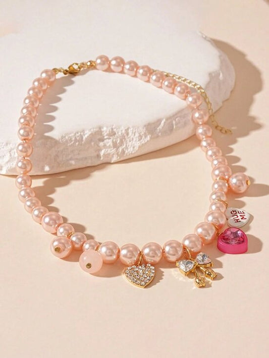 💖✨ Faux Pearl Heart Charm Necklace – Elegant Glam Statement Jewelry ✨💖