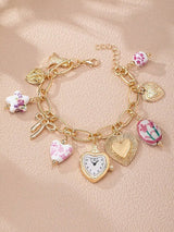 ✨ Boho Floral Charm Bracelet Faux Watch Heart Bow Gold Multicolor