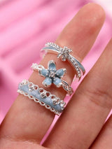 3pcs Blue Flower Rings Set Zirconia Enamel Cute Romantic Gift Jewelry