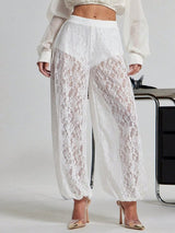 White Sheer Lace Bubble Hem Pants Women Vacation Joggers XS