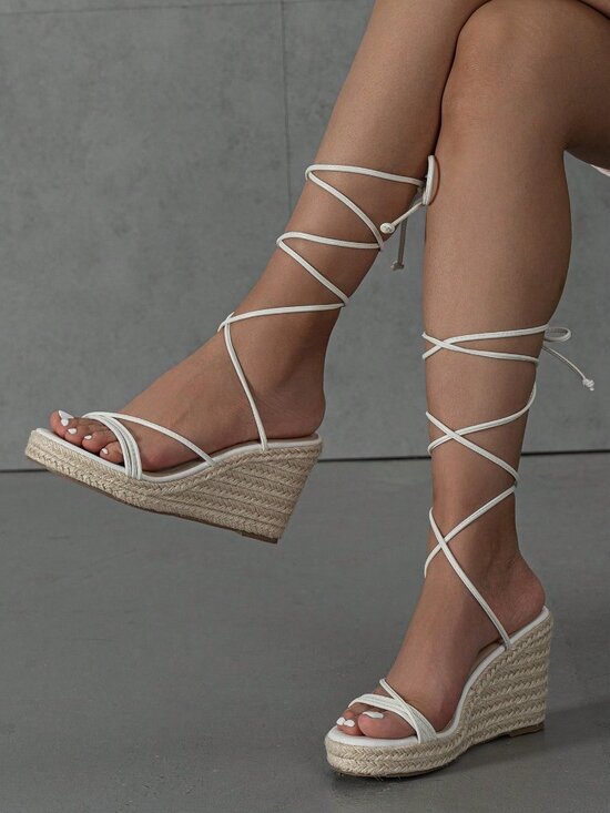 White Espadrille Wedge Sandals Tie Leg US 6.5 CN37