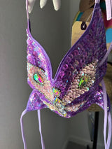🦋 Purple Sequin Butterfly Halter Crop Top One Size