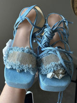 💎 Denim Rhinestone Lace Up Platform Heels EU37 US6.5/7