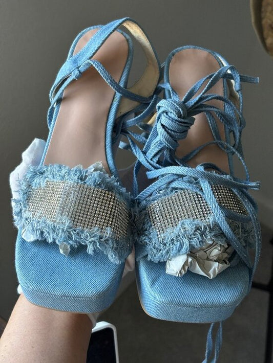 💎 Denim Rhinestone Lace Up Platform Heels EU37 US6.5/7