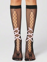 🖤 Pink Bow Fishnet Knee High Socks One Size