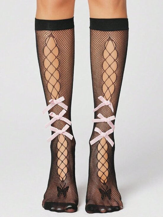 🖤 Pink Bow Fishnet Knee High Socks One Size