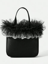 🖤 Black Satin Mini Tote Bag w/ Tulle Lace Ruffle