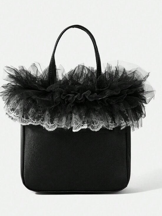🖤 Black Satin Mini Tote Bag w/ Tulle Lace Ruffle