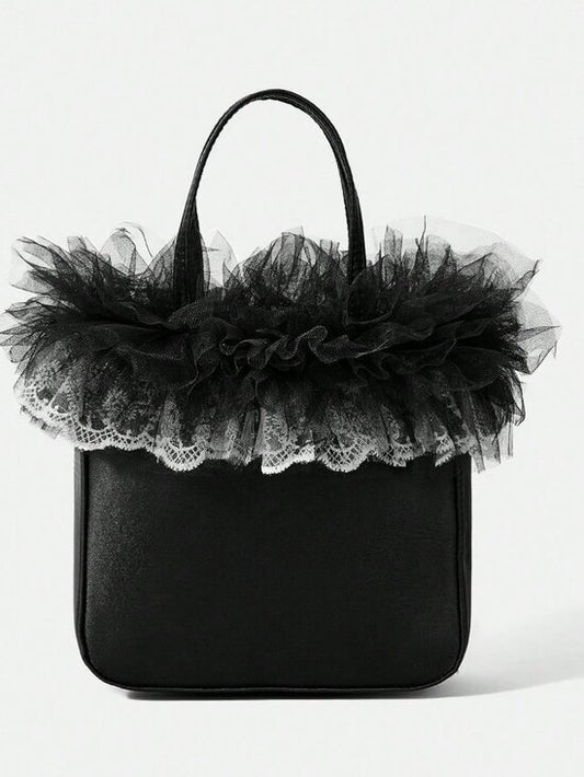 🖤 Black Satin Mini Tote Bag w/ Tulle Lace Ruffle