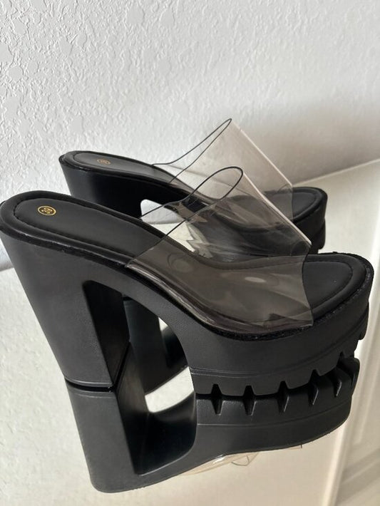 🖤 Black Clear PVC Chunky Platform Mule Heels US 8–8.5