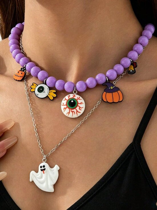 🎃 Halloween Purple Beaded Eyeball Ghost Layered Necklace Set