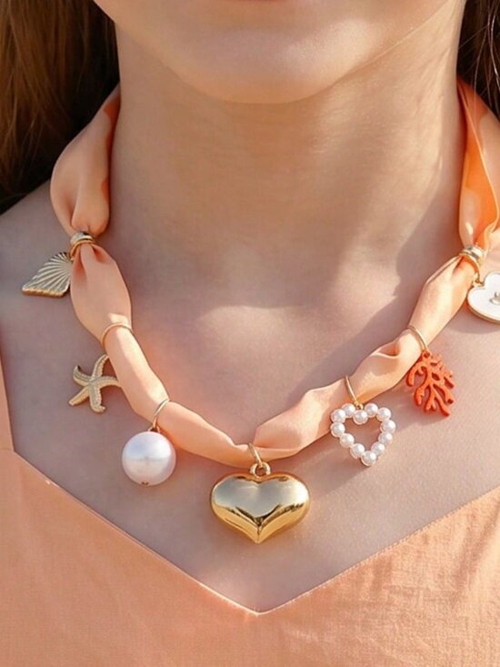 🧡 Peach Orange Scarf Necklace with Heart Starfish Pearl & Coral Charms