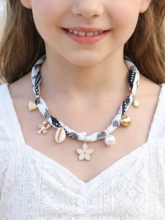 Black & White Paisley Scarf Necklace with Heart Flower Charms 🖤