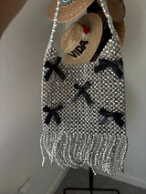 NWT Shimmering Silver Beaded Bag with Black Bows & Fringe 🥈🖤
