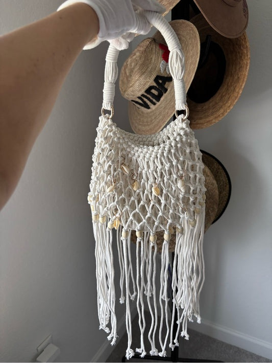 🐚🤍 Fairycore Woven Tote Bag – Striped Beige Shell Decor Mini Top Handle Bag