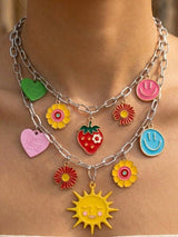 🌞🍓 2PC Colorful Charm Necklace Set Smiley Sun Strawberry Flower Y2K Boho 💖