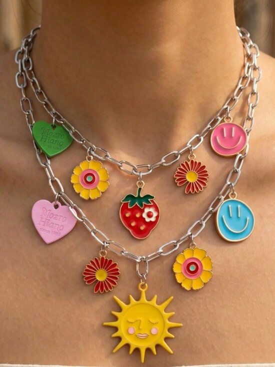 🌞🍓 2PC Colorful Charm Necklace Set Smiley Sun Strawberry Flower Y2K Boho 💖