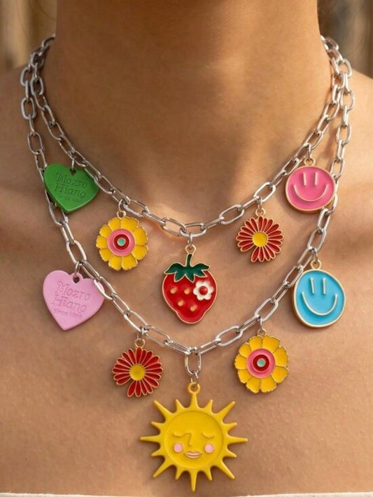 🌞🍓 2PC Colorful Charm Necklace Set Smiley Sun Strawberry Flower Y2K Boho 💖