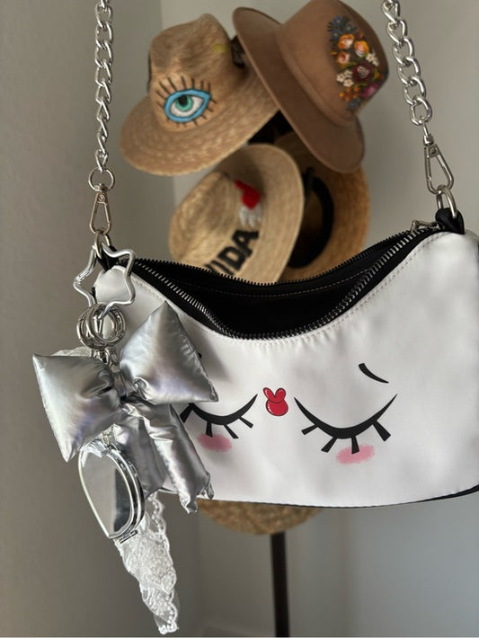 Cute Kawaii Sleepy Face Shoulder Bag White Black Silver Chain Bow Charm NWT