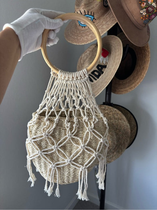 Boho Woven Straw Basket Bag Macrame Wood Ring Handle Beach Tote Cream Tan