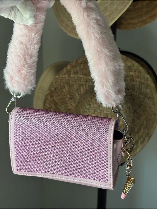 Pink Rhinestone Faux Fur Shoulder Bag Y2K Barbiecore Glam Purse w Charm