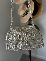 NWT Silver Metallic Beaded Mini Shoulder Bag Y2K Party Evening Purse