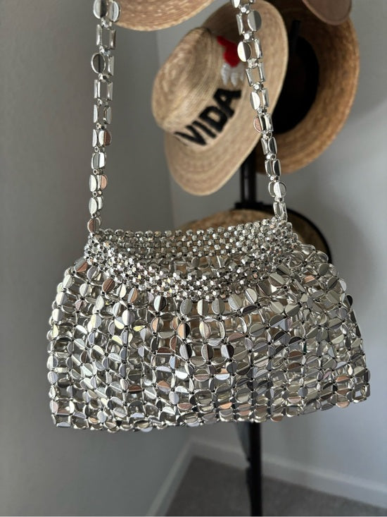 NWT Silver Metallic Beaded Mini Shoulder Bag Y2K Party Evening Purse