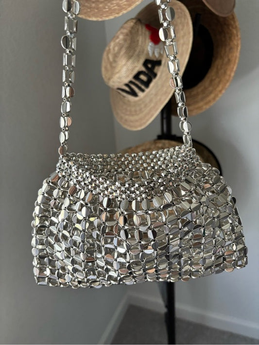 NWT Silver Metallic Beaded Mini Shoulder Bag Y2K Party Evening Purse