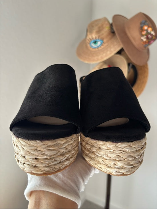 Black Espadrille Platform Slide Sandals Wedge Raffia Women’s US 8 EU 38