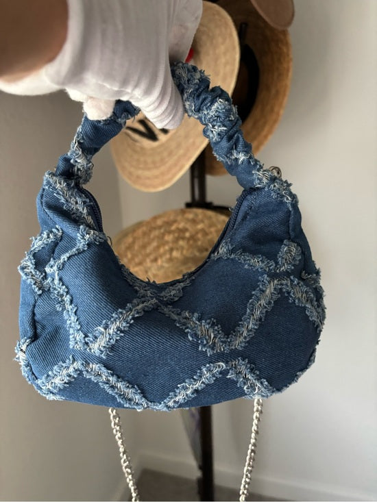 Denim Crescent Shoulder Bag Blue Frayed Crossbody Chain Purse Y2K Boho Chic