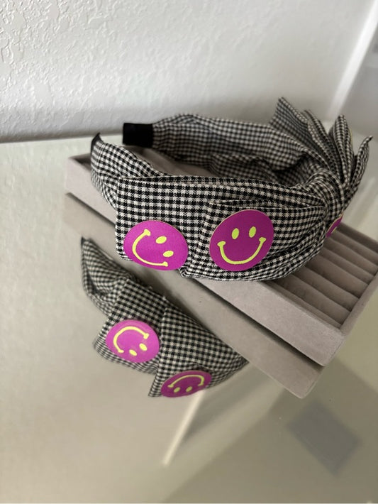 🖤😊 Gingham Bow Headband Purple Smiley Faces Cute Preppy Coquette NWT