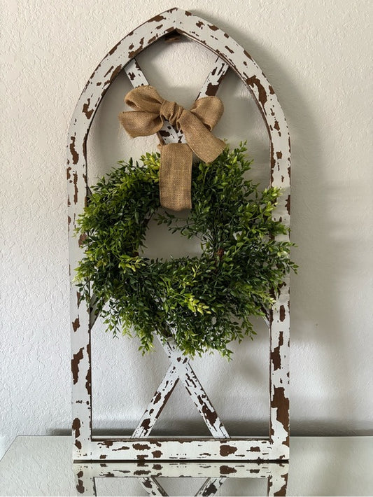 🏡 Rustic Farmhouse Arched Window Frame Wall Decor w/ Greenery Wreath Large