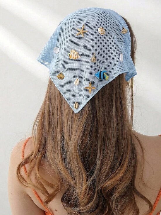 🐚 Beach Seashell Starfish Fish Embroidered Head Scarf Hair Band Blue Boho Vacay