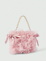🎀💖 Pink Mesh Bow & Faux Pearl Chain Handbag