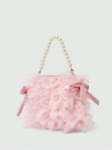 🎀💖 Pink Mesh Bow & Faux Pearl Chain Handbag